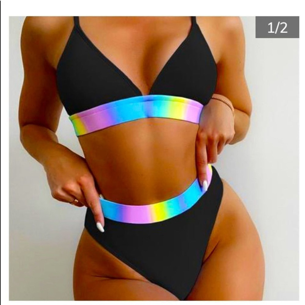 Black Bikini with Rainbow Accents and Sporty Design